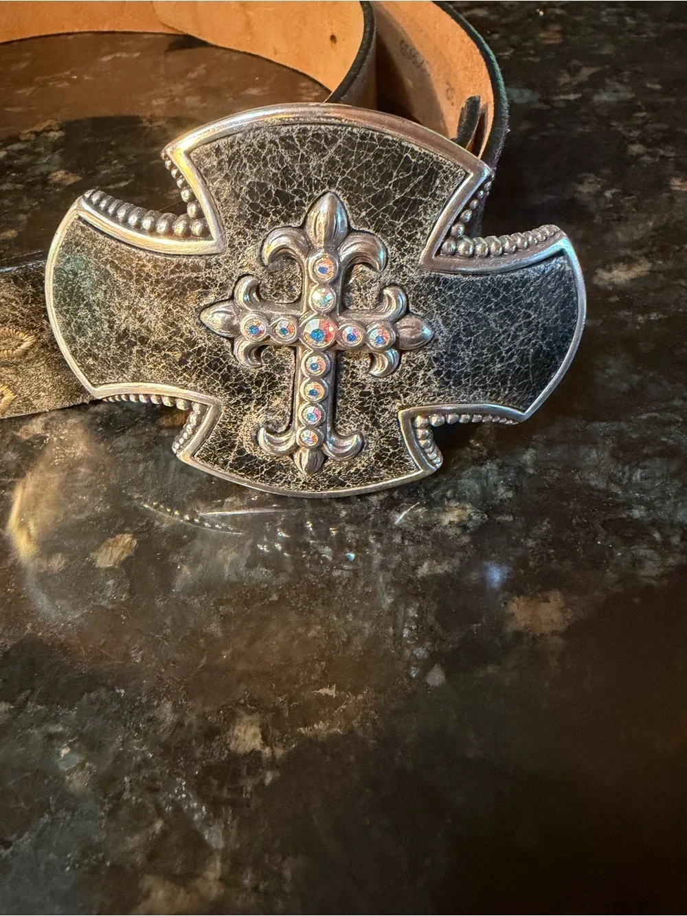 Justin Boots Distressed Brown Belt with Ornate Rhinestone Cross Buckle